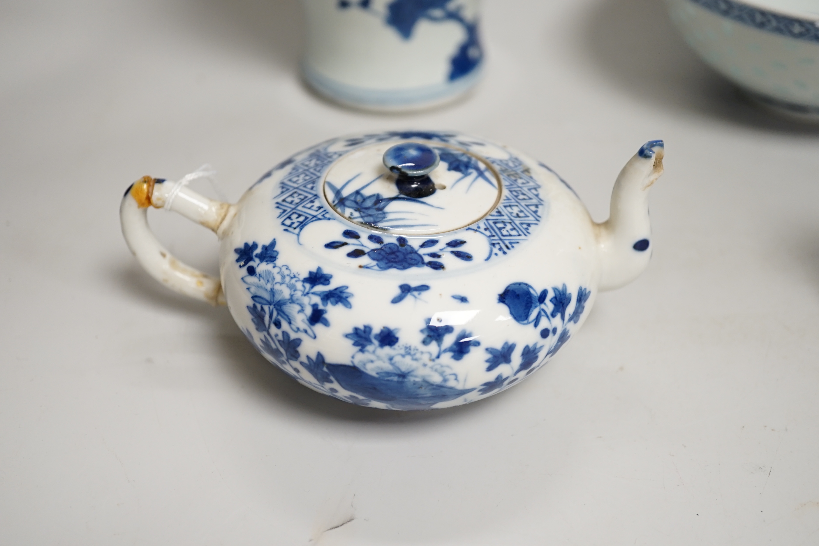 Chinese blue and white ceramics and a miniature famille rose vase, the largest 25cm high